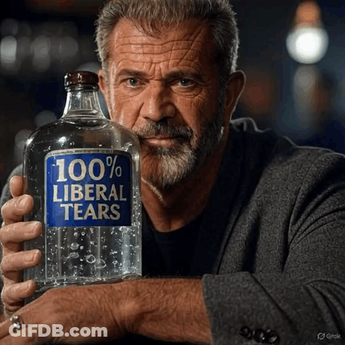 Man Holding 100% Liberal Tears Bottle GIF