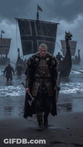 Man Holding Axe And Shield On Beach GIF