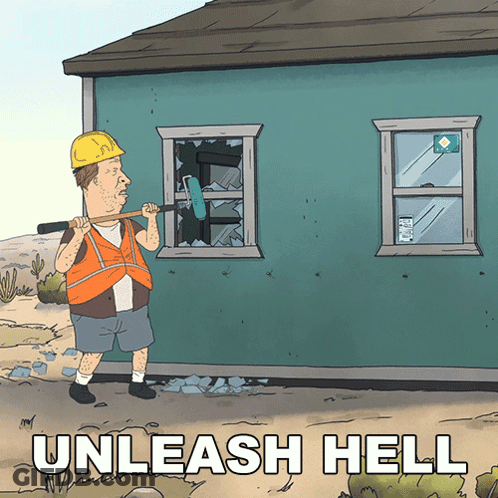 Man Holding Axe In Front Of House Saying Unleash Hell GIF