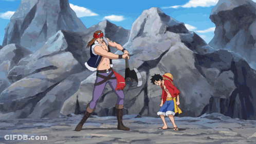 Man Holding Axe Next To Boy In Monkey D Luffy Costume GIF