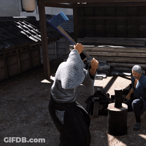 Man Holding Axe With Blue Light Coming From Head GIF