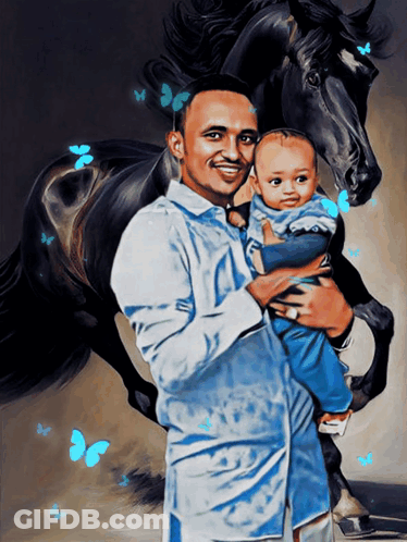 Man Holding Baby In Front Of Horse GIF