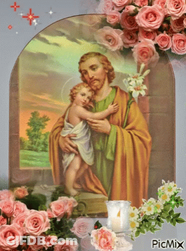 Man Holding Baby With Pink Roses And Picmix Logo GIF