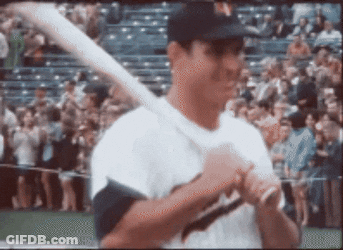 Man Holding Baseball Bat In Front Of Crowd GIF