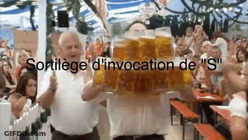Man Holding Beer Tray With Sortilege D' Invocation De S GIF