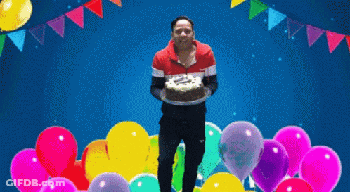 Man Holding Birthday Cake With Balloons GIF