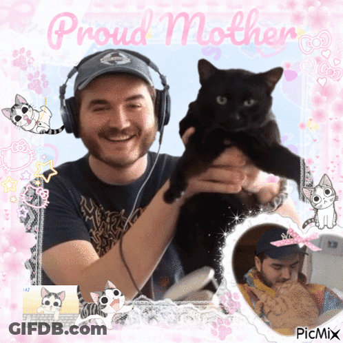 Man Holding Black Cat Proud Mother GIF