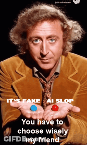 Man Holding Blue And Red Pill Says It's Fake AI Stop GIF