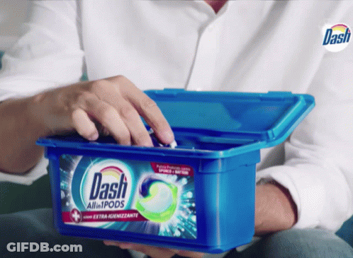 Man Holding Blue Box Of Dash All-In Pods Laundry Detergent GIF