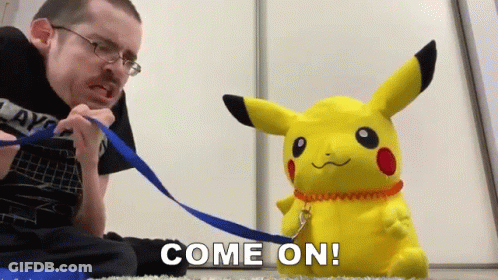 Man Holding Blue Leash Next To Stuffed Pikachu Saying Come On GIF