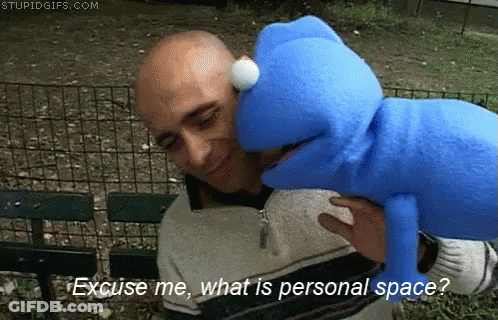 Man Holding Blue Puppet Saying Excuse Me What Is Personal Space GIF