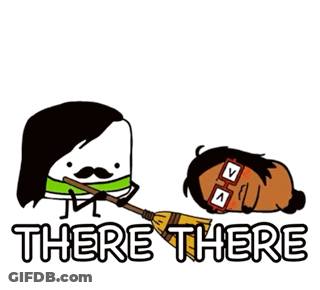 Man Holding Broom Beside Lying Man Saying There There GIF