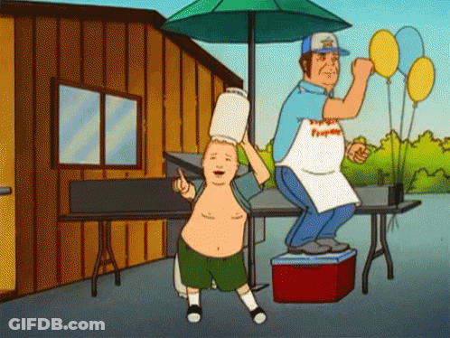 Man Holding Bucket On Head And Another On Cooler GIF