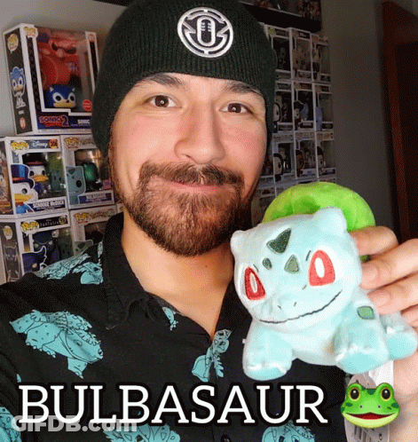 Man Holding Bulbasaur Stuffed Animal GIF