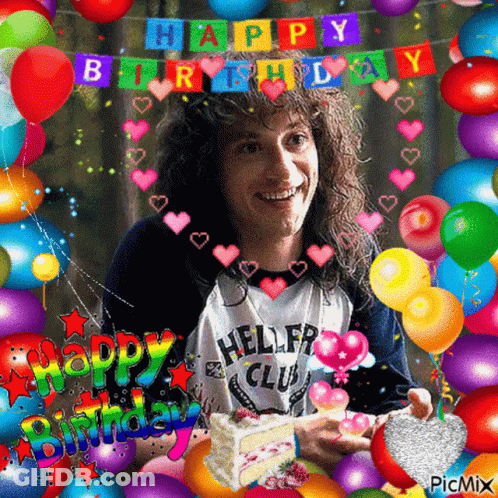 Man Holding Cake With Balloons And Happy Birthday Banner GIF