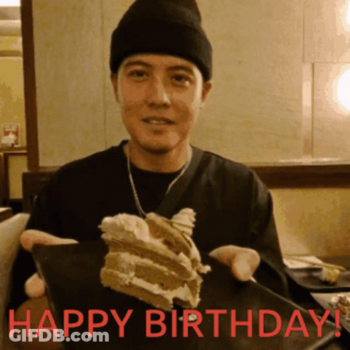 Man Holding Cake With Happy Birthday In Red GIF