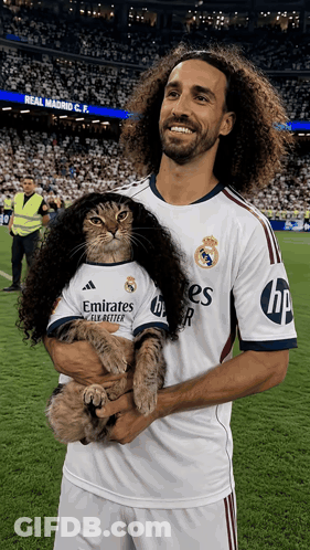 Man Holding Cat In Emirates Fly Better Shirt GIF
