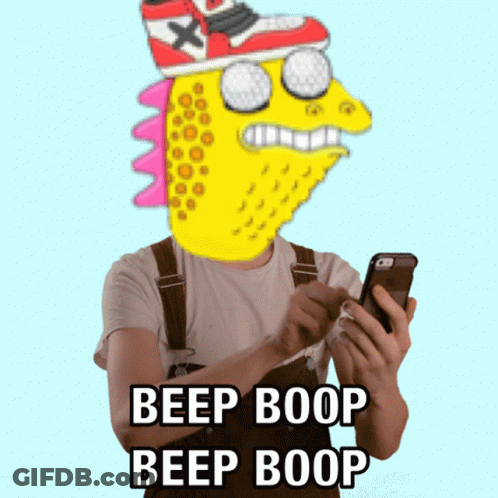 Man Holding Cell Phone With Cartoon Character Saying Beep Boop GIF