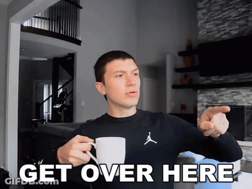 Man Holding Coffee Pointing Saying Get Over Here GIF