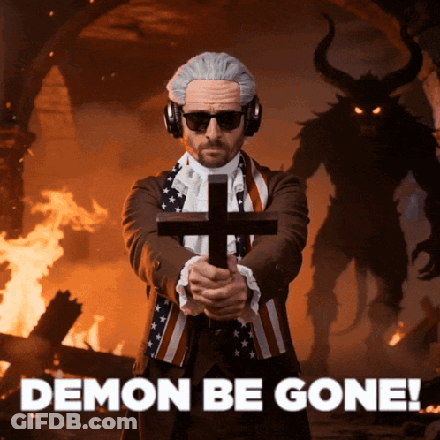 Man Holding Cross Saying Demon Be Gone GIF