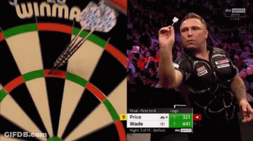 Man Holding Dart In Front Of Dartboard Saying Winma GIF