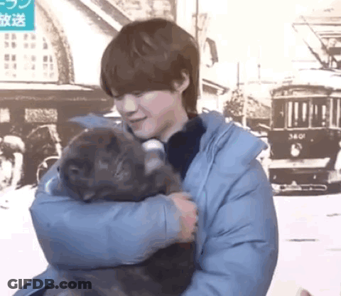 Man Holding Dog In Front Of Train GIF