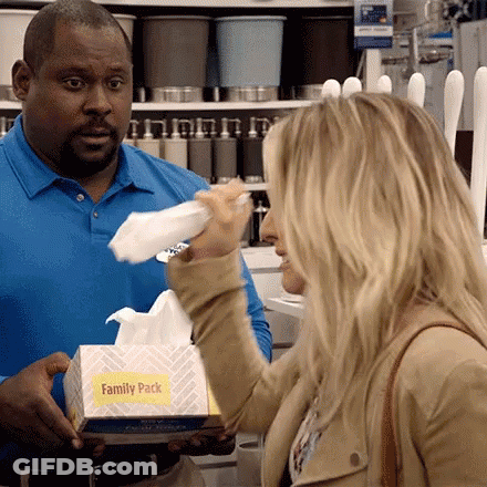 Man Holding Family Pack Tissues Woman Wiping Face GIF