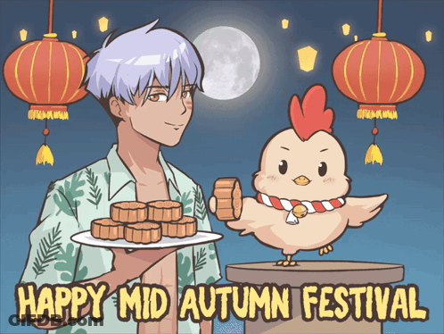 Man Holding Food Beside Chicken Happy Mid Autumn Festival GIF