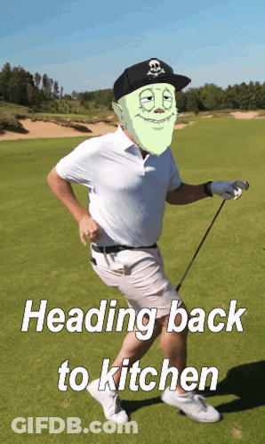 Man Holding Golf Club Heading Back To Kitchen GIF