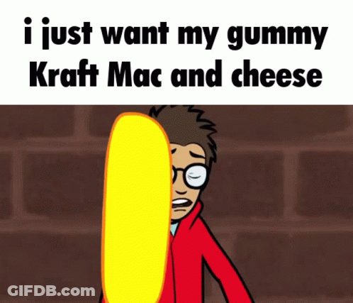 Man Holding Gummy Kraft Mac And Cheese Behind Him GIF