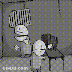 Man Holding Gun In Room With Computer And Prison Cell GIF