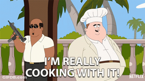 Man Holding Gun Next To Chef Saying I'm Really Cooking With It GIF