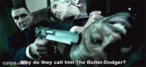 Man Holding Gun Saying Why Do They Call Him The Bullet-Dodge GIF