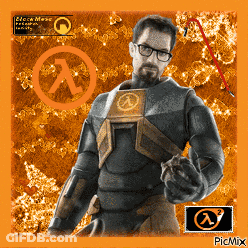 Man Holding Gun With Black Mesa Research Facility Logo GIF