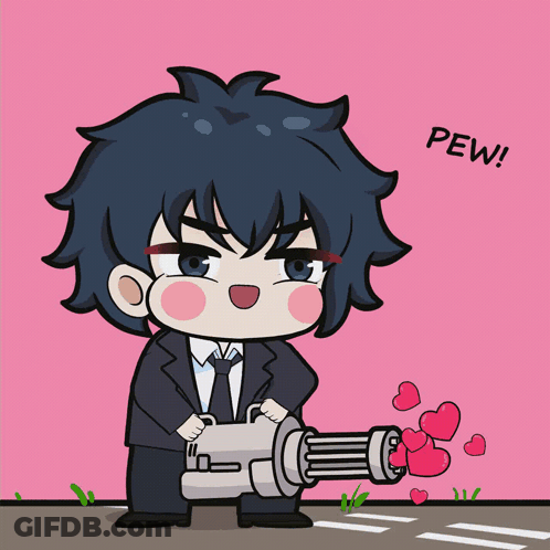 Man Holding Gun With Hearts Saying Pew GIF