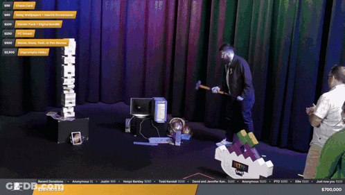 Man Holding Hammer In Front Of $700,000 Screen GIF