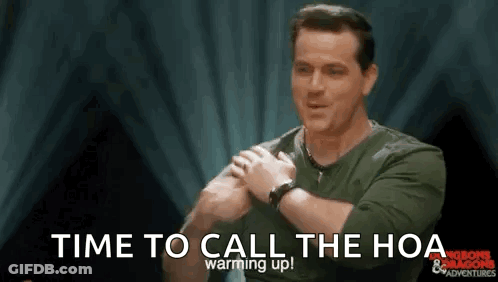 Man Holding Hands On Chest Saying Time To Call The HOA Warming Up GIF