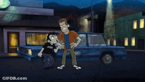 Man Holding Head In Front Of Blue Car GIF