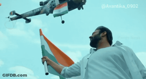 Man Holding Indian Flag Next To Army Helicopter GIF