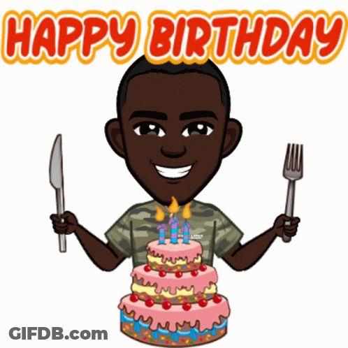 Man Holding Knife And Fork With Birthday Cake GIF