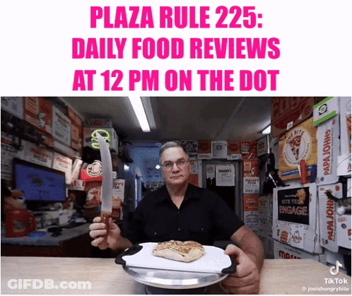 Man Holding Knife And Pizza In Front Of Papa John's Sign GIF