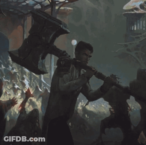 Man Holding Large Axe With Letter T GIF