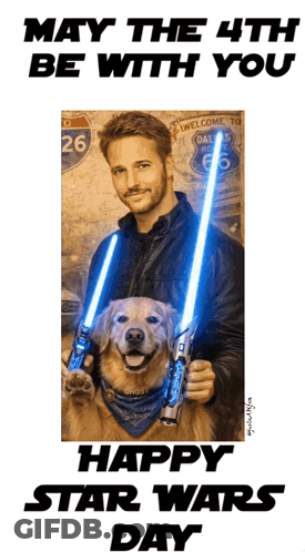 Man Holding Lightsabers With Dog GIF