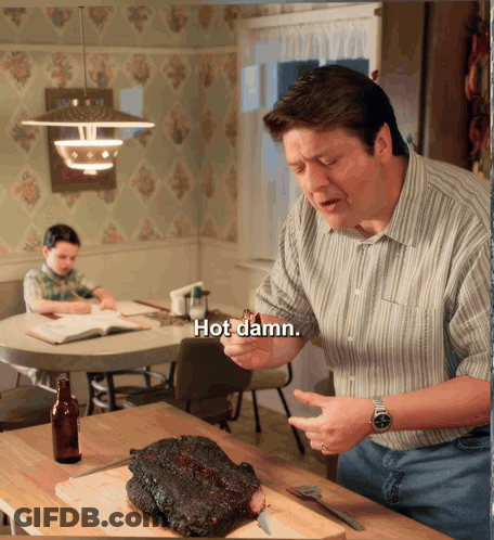 Man Holding Meat Saying Hot Damn GIF