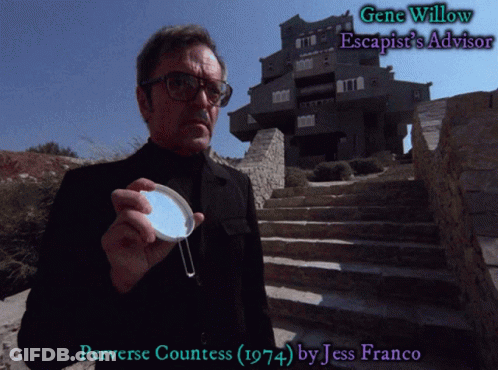 Man Holding Mirror At Building With Gene Willow Escapist's Advisor GIF