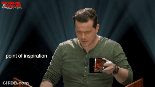 Man Holding Mug In Front Of Dungeons And Dragons Adventures Sign GIF