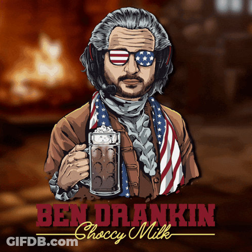 Man Holding Mug Of Ben Drankin Choccy Milk GIF