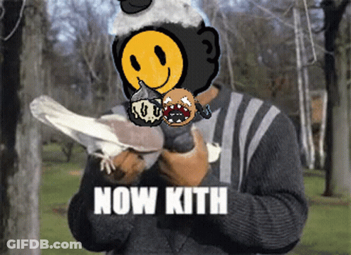 Man Holding Pigeon With Smiley Face Says Now Kith GIF