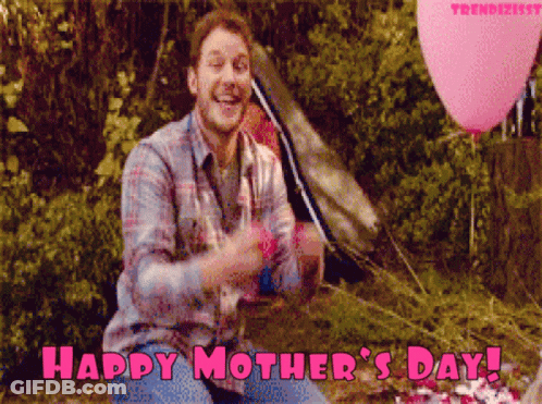 Man Holding Pink Happy Mother's Day Balloon GIF