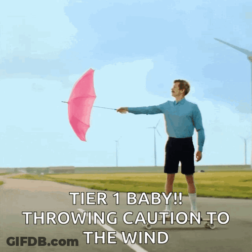Man Holding Pink Umbrella Saying Tier 1 Baby Throwing Caution To The Wind GIF